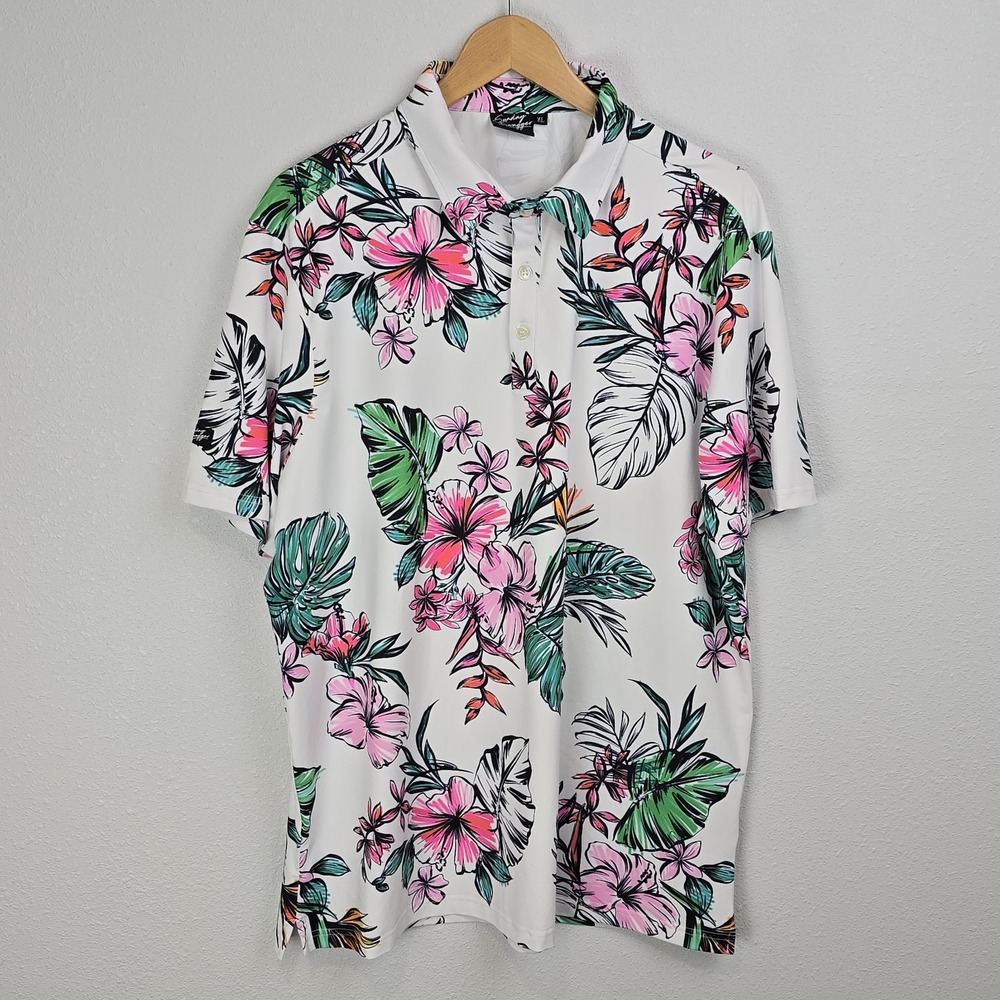 Sunday Swagger XL Floral Polo Shirt White Pink Green Tropical Golf Stretch
